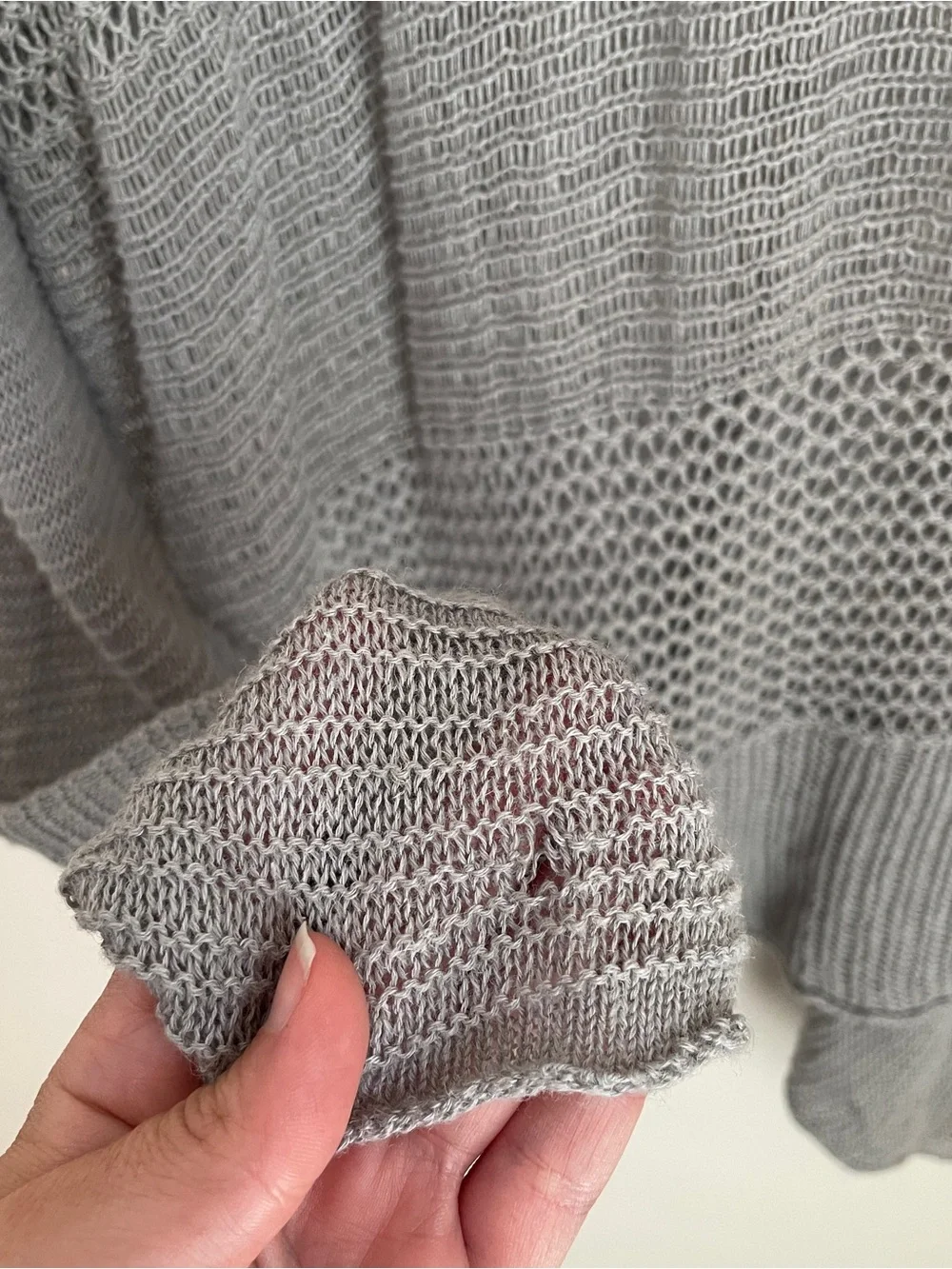 PrAna Sweater Open Knit V-Neck Gray Asymmetric Hem Mesh Panel Granola Gorpcore